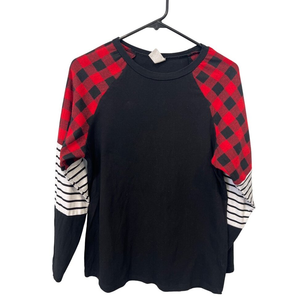 Sunshine and Rodeos Raglan Sleeve Pullover Top Womens Medium Plaid Striped Cozy
